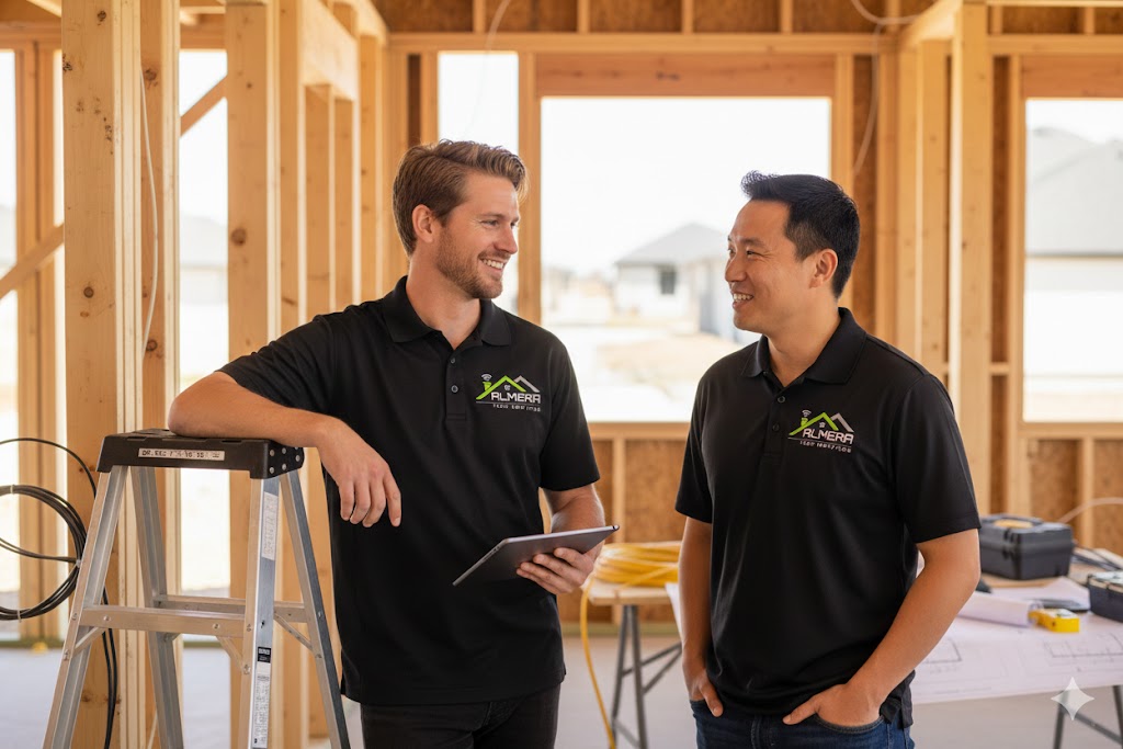 Two contractors discussing plans inside a wooden frame house.