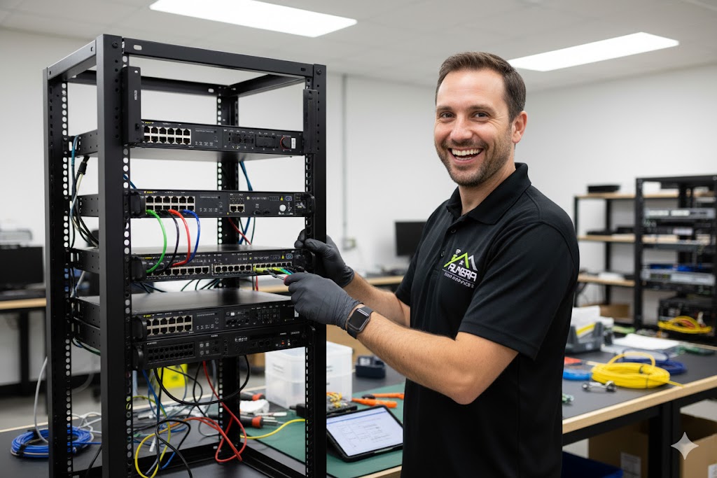 Technician working on network servers with a smile in a data center.