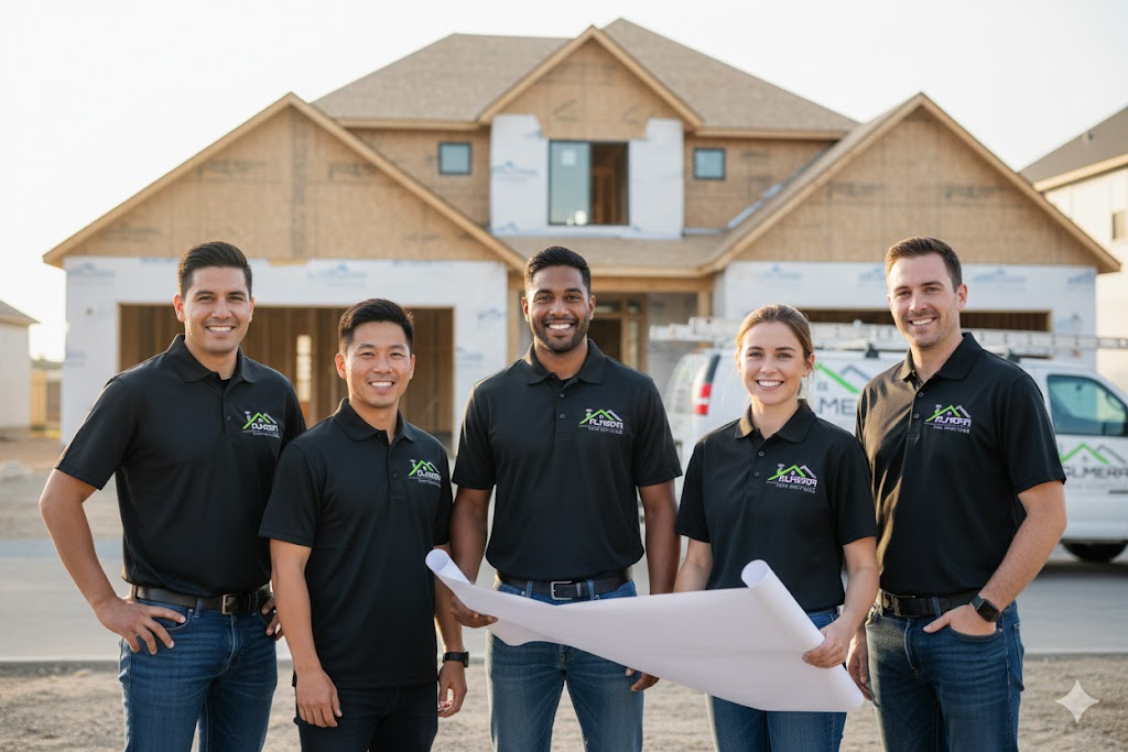 Group of five construction professionals standing in front of a house under construction.