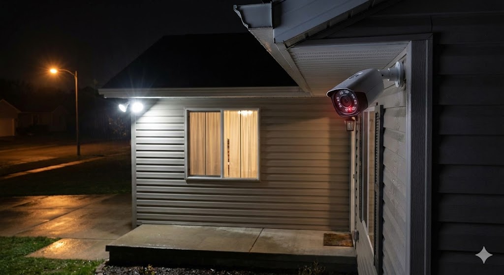 A dimly lit exterior of a house at night with a window and porch light.