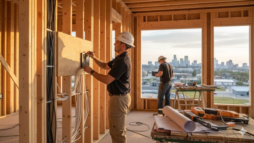 Construction workers installing insulation in a wooden frame building.